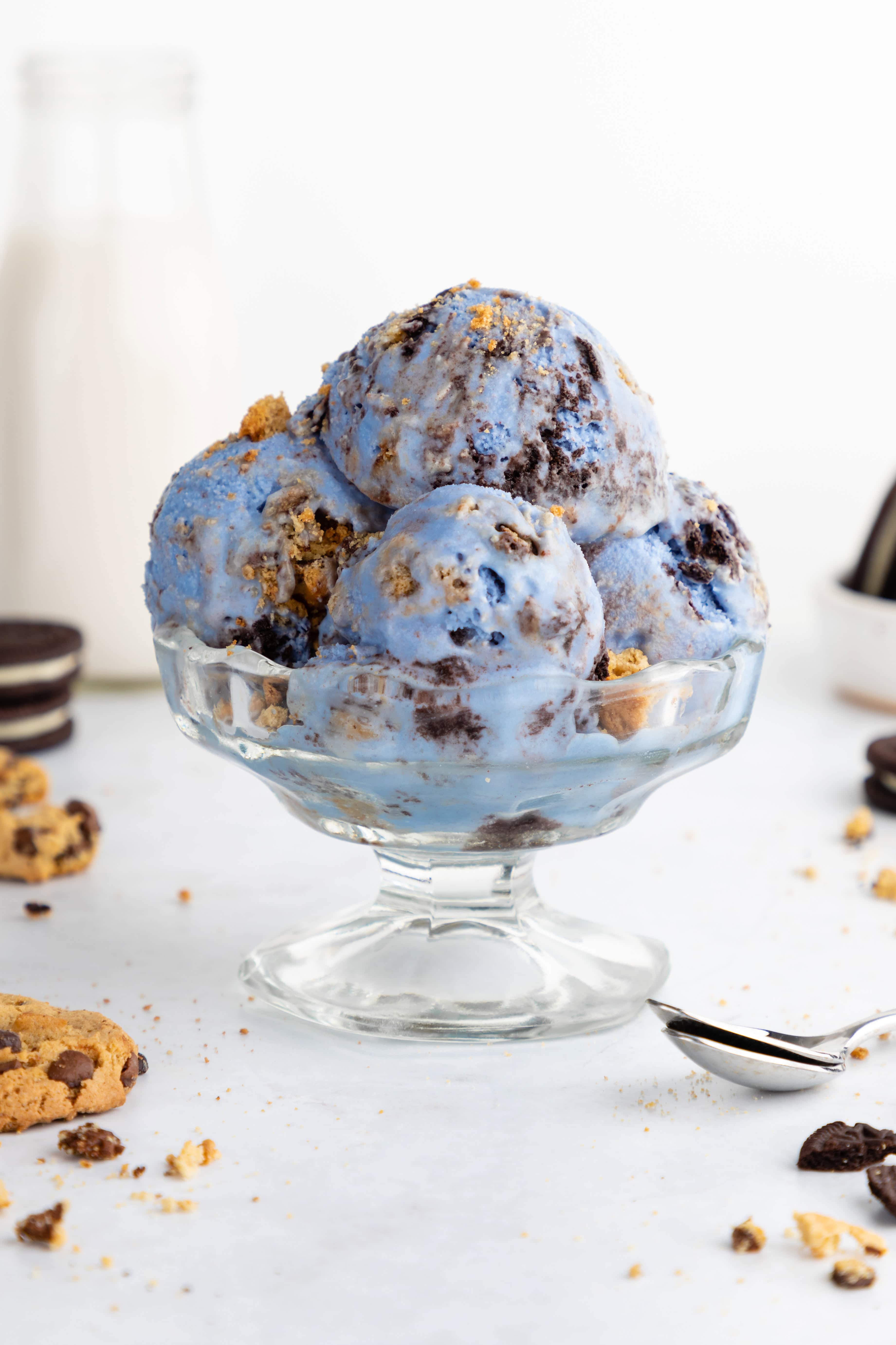 homemade vegan cookie monster ice cream in a glass bowl