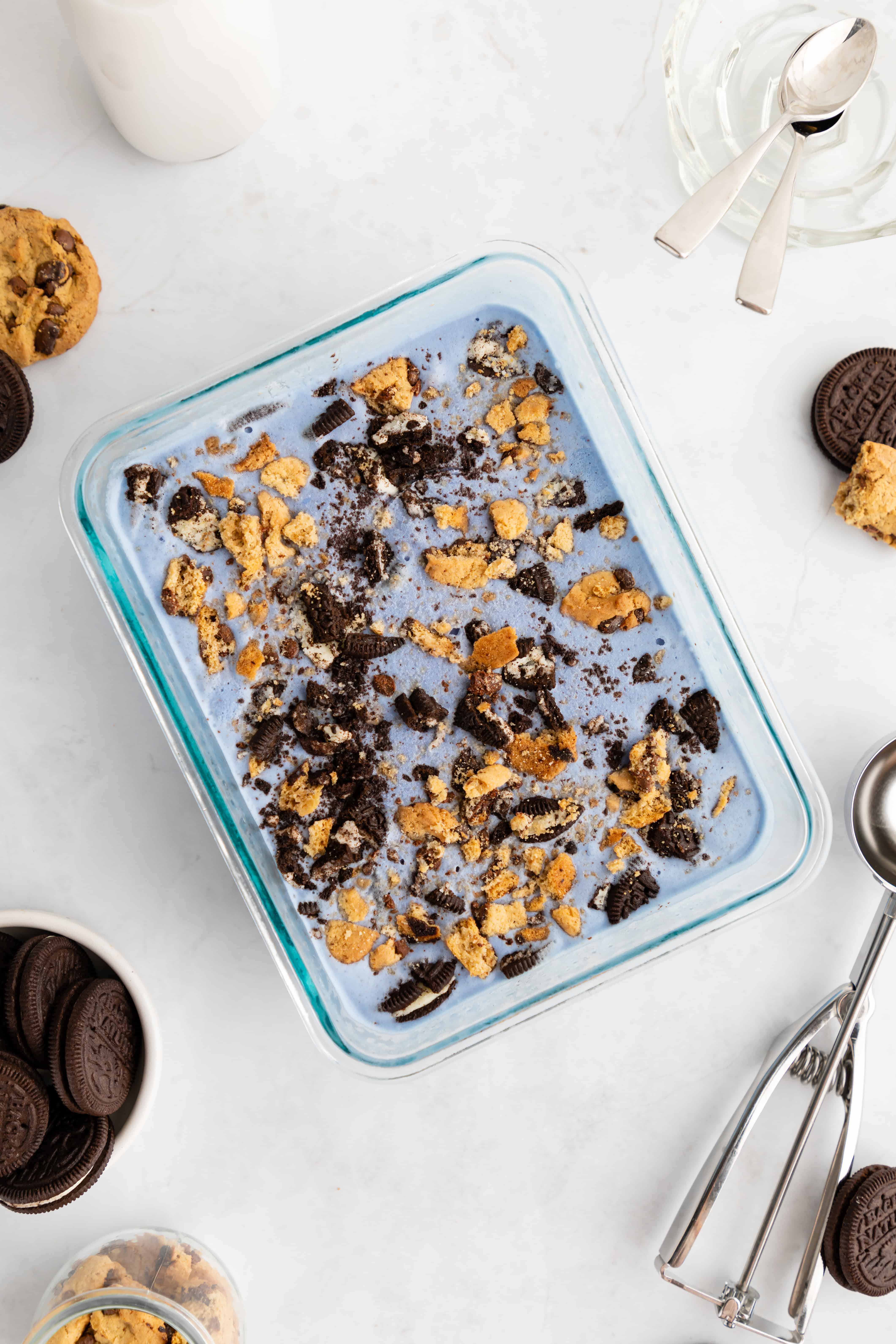 homemade vegan cookie monster ice cream inside a glass container