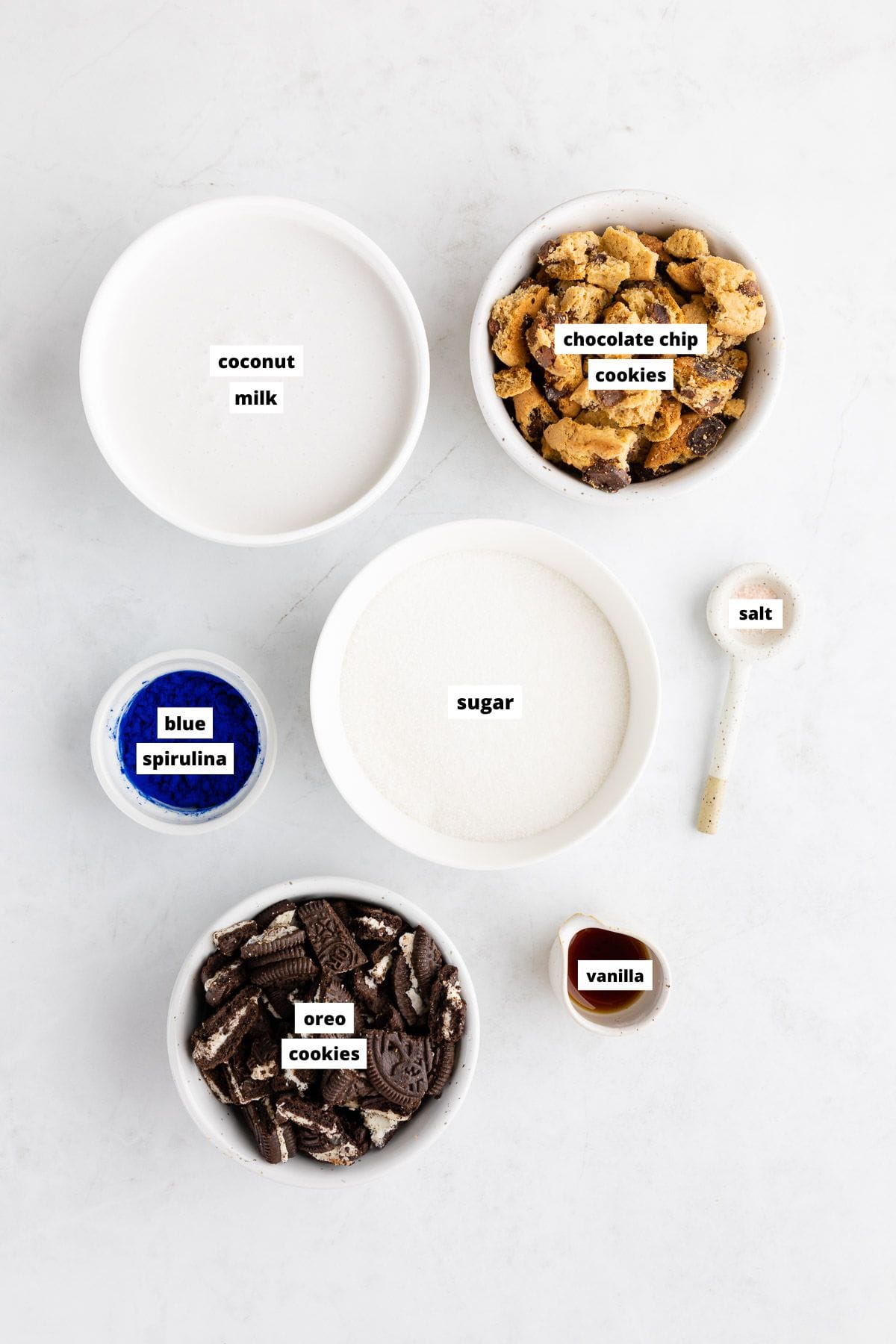 bowls of ingredients for vegan cookie monster ice cream